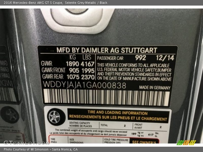 2016 AMG GT S Coupe Selenite Grey Metallic Color Code 992