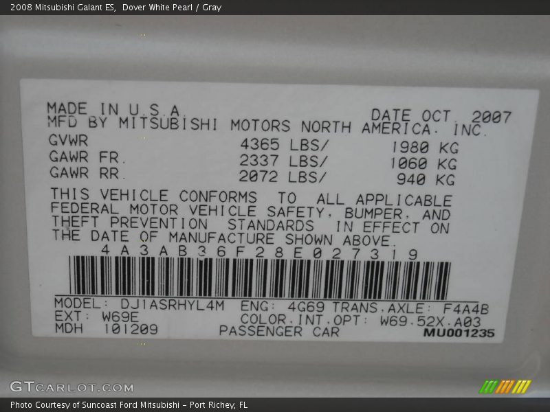 Dover White Pearl / Gray 2008 Mitsubishi Galant ES