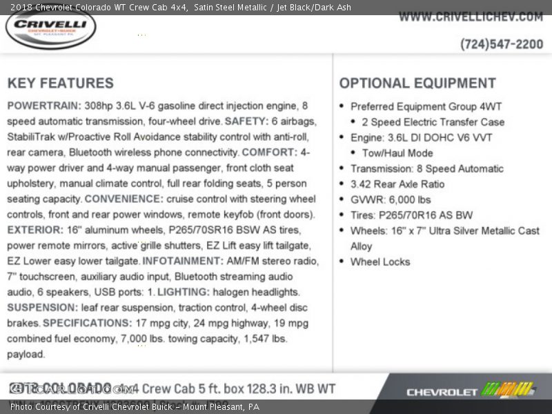 Satin Steel Metallic / Jet Black/Dark Ash 2018 Chevrolet Colorado WT Crew Cab 4x4