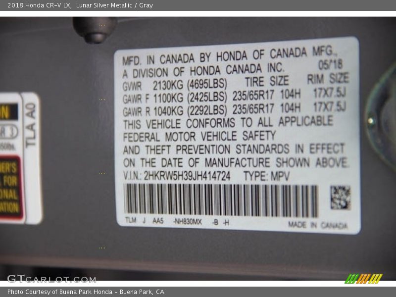 Lunar Silver Metallic / Gray 2018 Honda CR-V LX