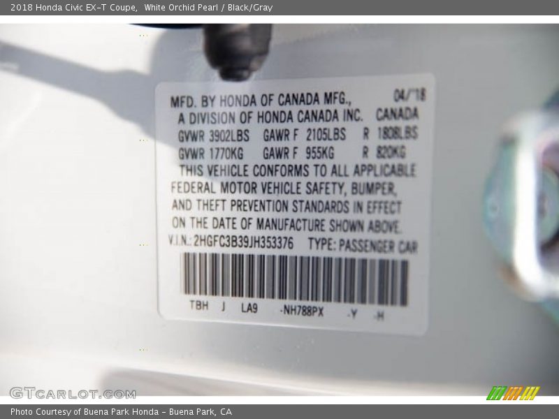 White Orchid Pearl / Black/Gray 2018 Honda Civic EX-T Coupe
