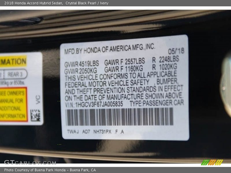 2018 Accord Hybrid Sedan Crystal Black Pearl Color Code NH731PX