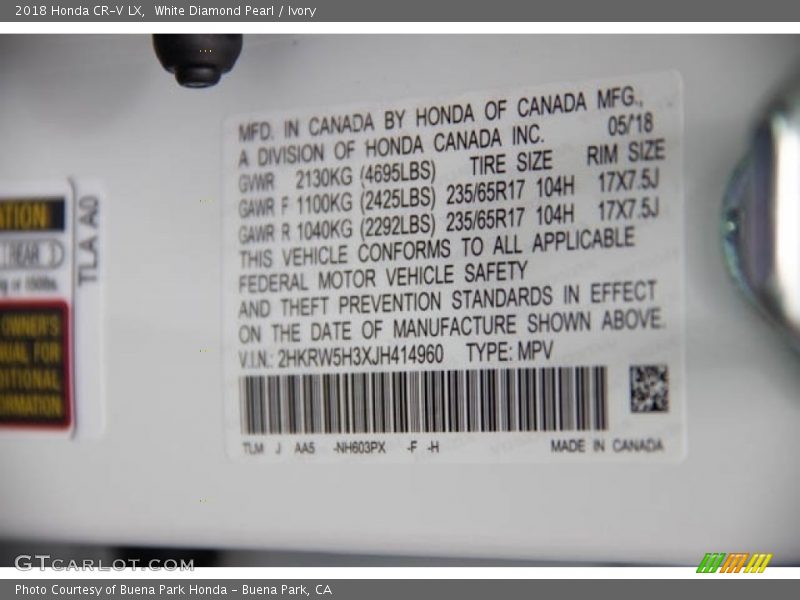 White Diamond Pearl / Ivory 2018 Honda CR-V LX
