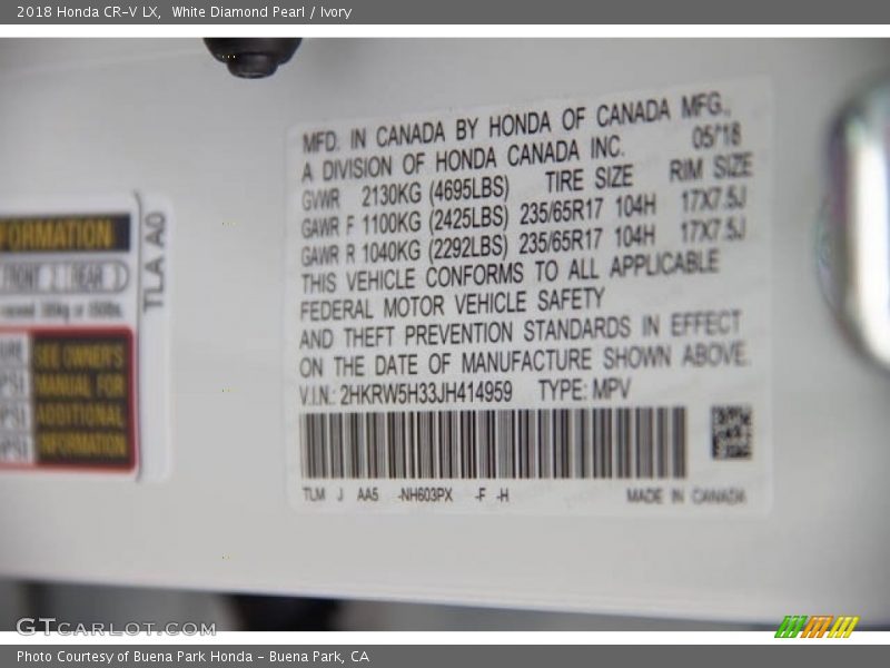 White Diamond Pearl / Ivory 2018 Honda CR-V LX