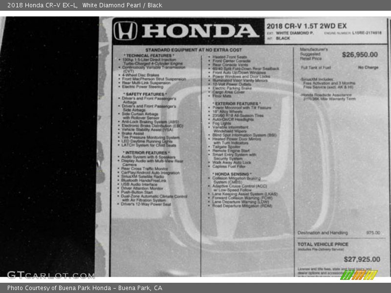 White Diamond Pearl / Black 2018 Honda CR-V EX-L