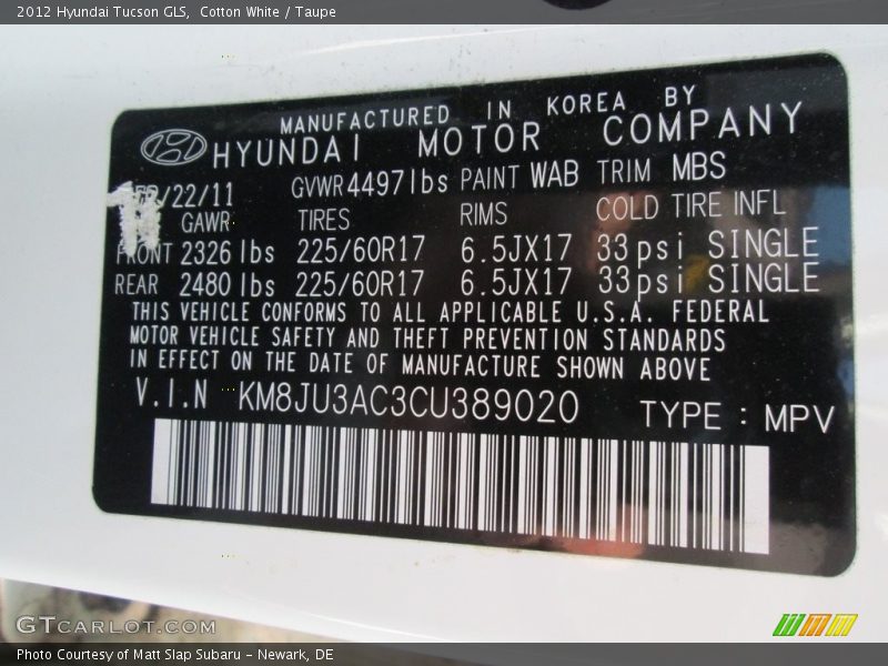 Cotton White / Taupe 2012 Hyundai Tucson GLS