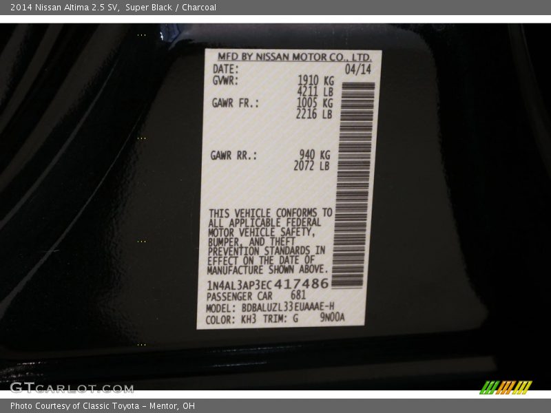 Super Black / Charcoal 2014 Nissan Altima 2.5 SV