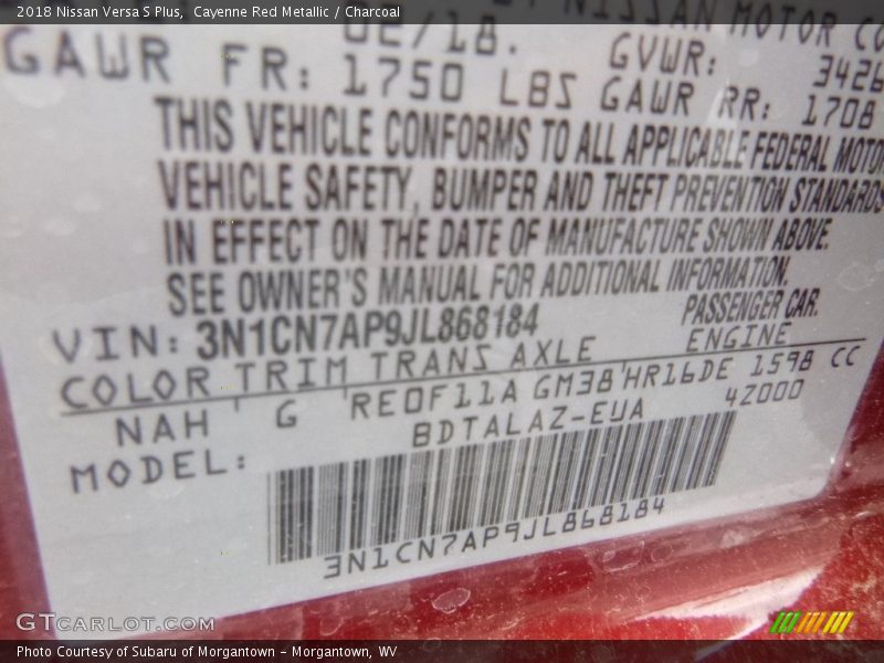Cayenne Red Metallic / Charcoal 2018 Nissan Versa S Plus