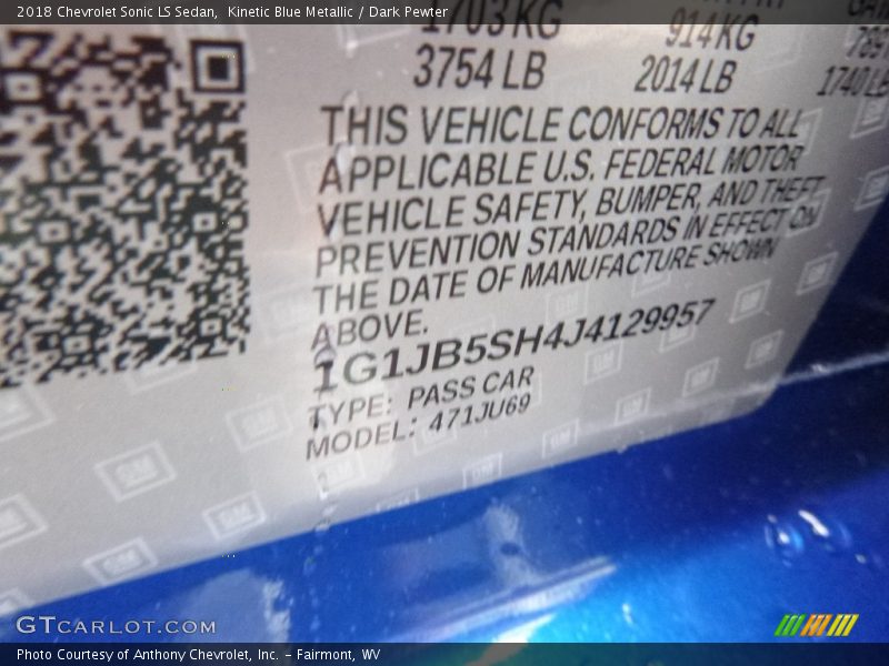 Kinetic Blue Metallic / Dark Pewter 2018 Chevrolet Sonic LS Sedan
