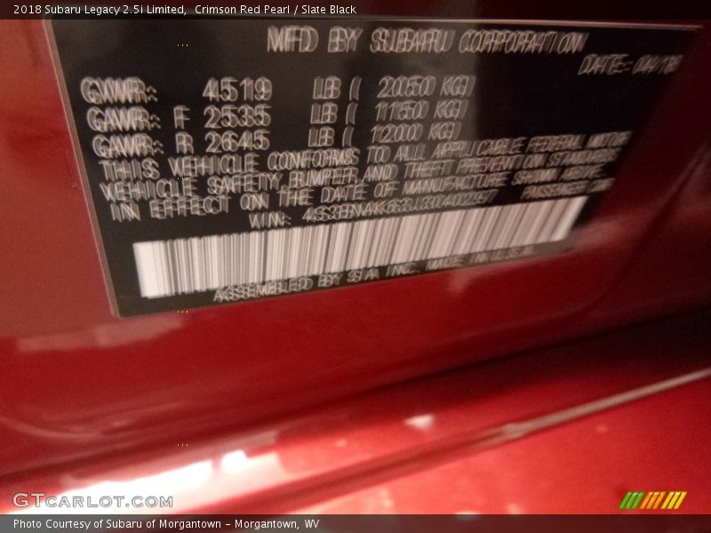 Crimson Red Pearl / Slate Black 2018 Subaru Legacy 2.5i Limited