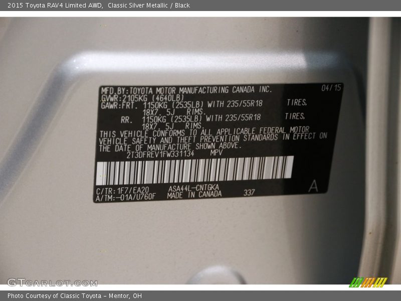 Classic Silver Metallic / Black 2015 Toyota RAV4 Limited AWD