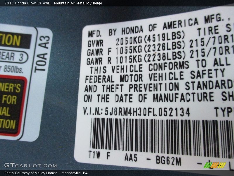 Mountain Air Metallic / Beige 2015 Honda CR-V LX AWD