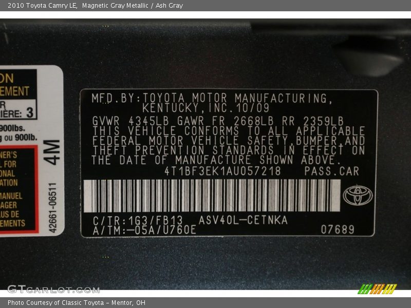 Magnetic Gray Metallic / Ash Gray 2010 Toyota Camry LE