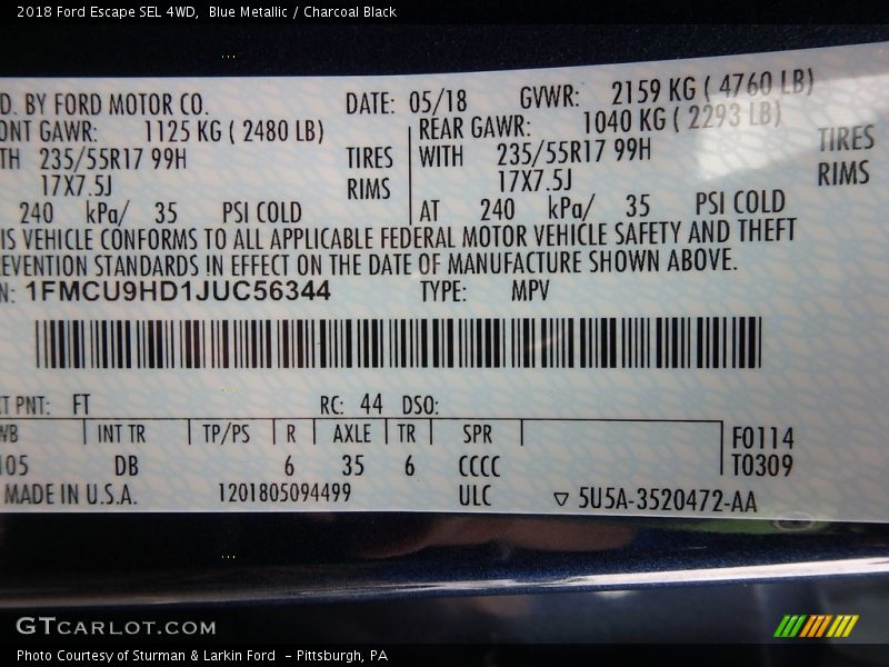 Blue Metallic / Charcoal Black 2018 Ford Escape SEL 4WD