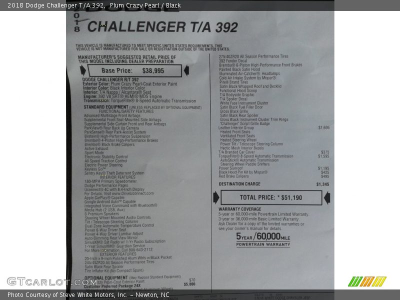 Plum Crazy Pearl / Black 2018 Dodge Challenger T/A 392