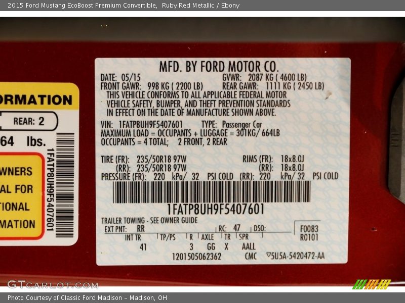 Ruby Red Metallic / Ebony 2015 Ford Mustang EcoBoost Premium Convertible