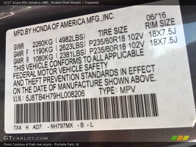 Modern Steel Metallic / Graystone 2017 Acura RDX Advance AWD