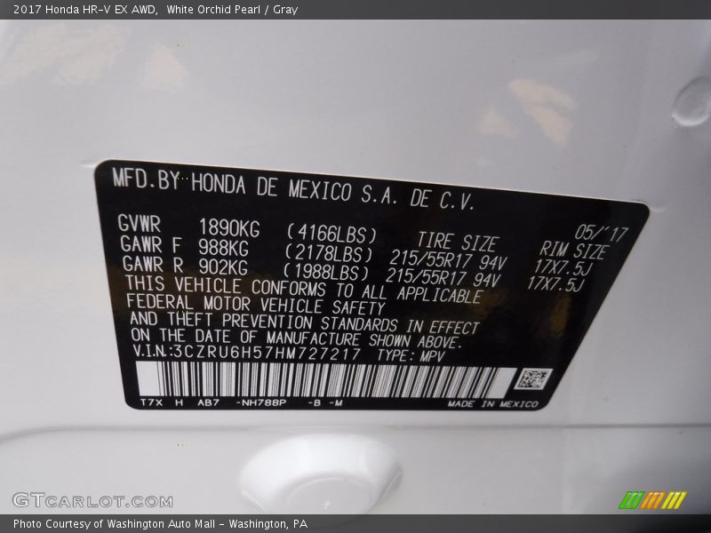 White Orchid Pearl / Gray 2017 Honda HR-V EX AWD