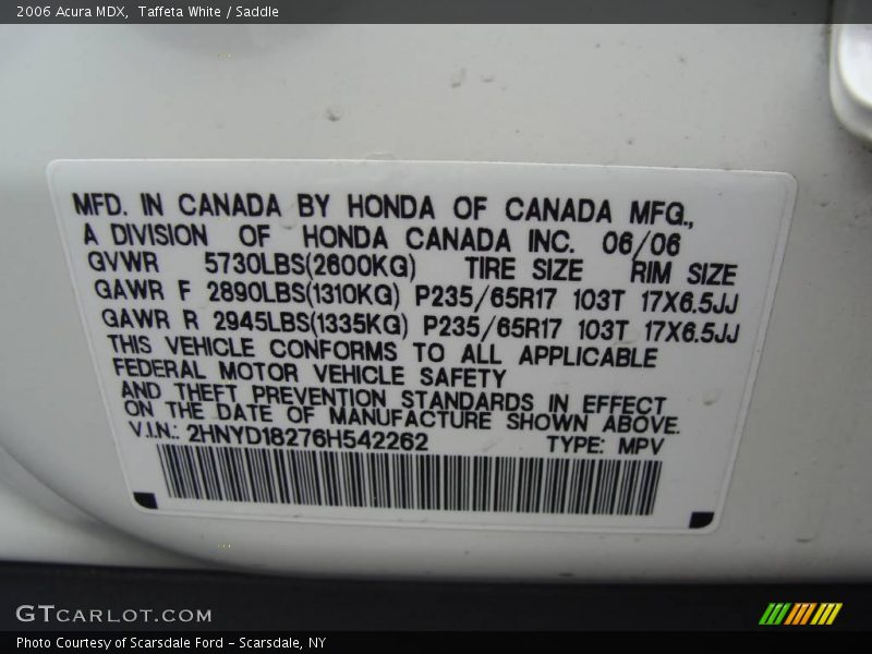 Taffeta White / Saddle 2006 Acura MDX