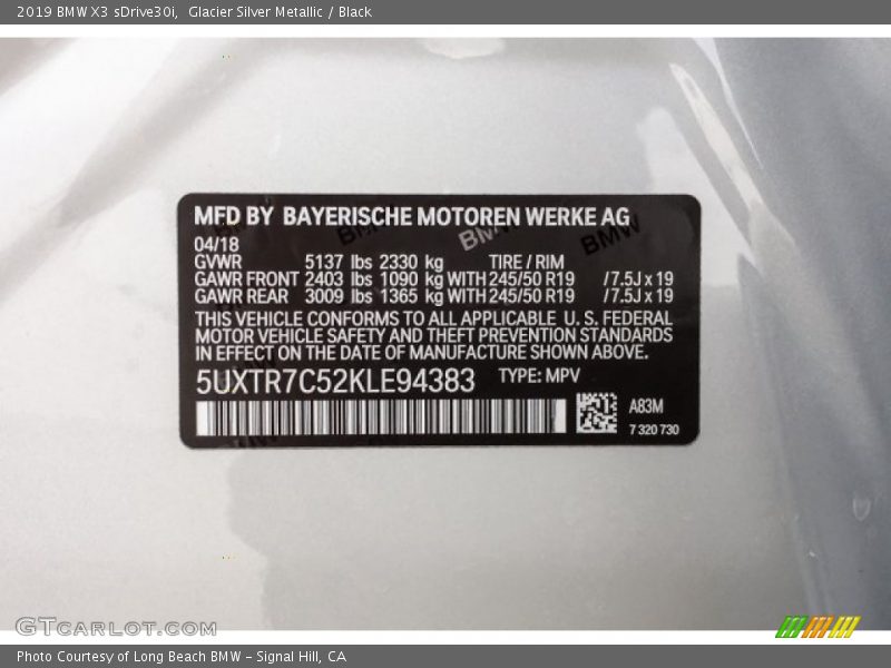 Glacier Silver Metallic / Black 2019 BMW X3 sDrive30i