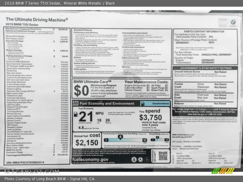  2019 7 Series 750i Sedan Window Sticker