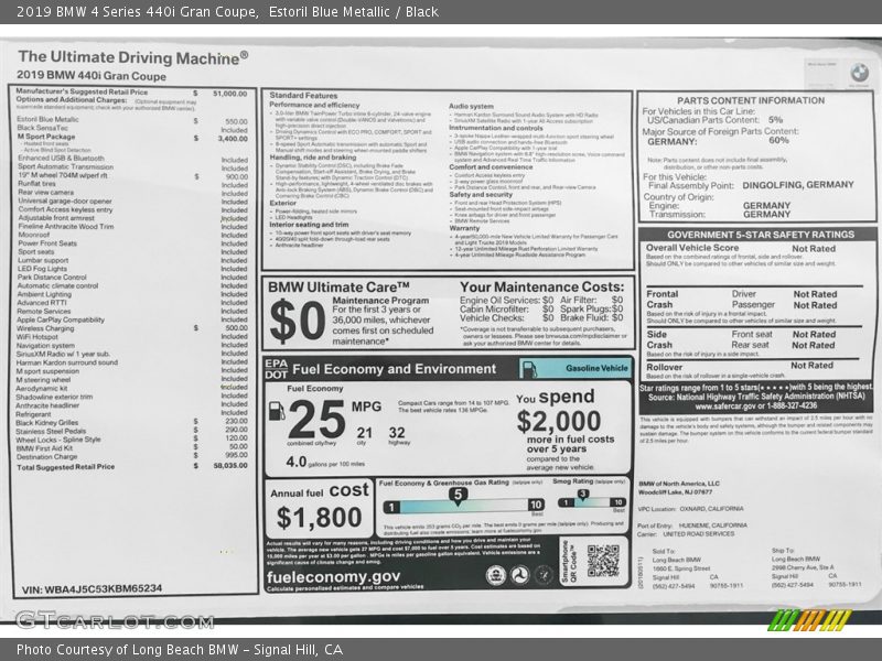  2019 4 Series 440i Gran Coupe Window Sticker