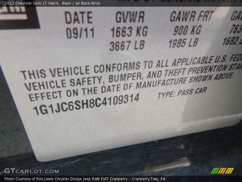 Black / Jet Black/Brick 2012 Chevrolet Sonic LT Hatch
