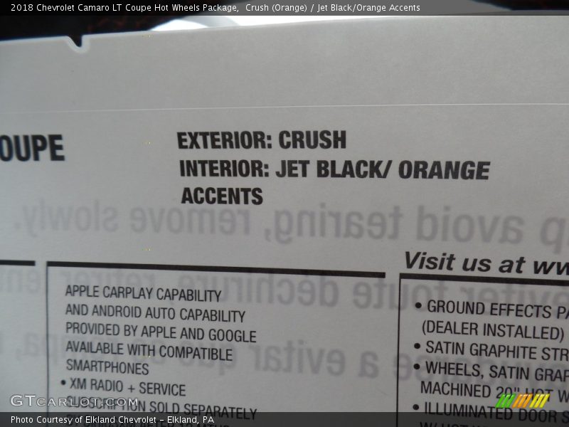  2018 Camaro LT Coupe Hot Wheels Package Window Sticker