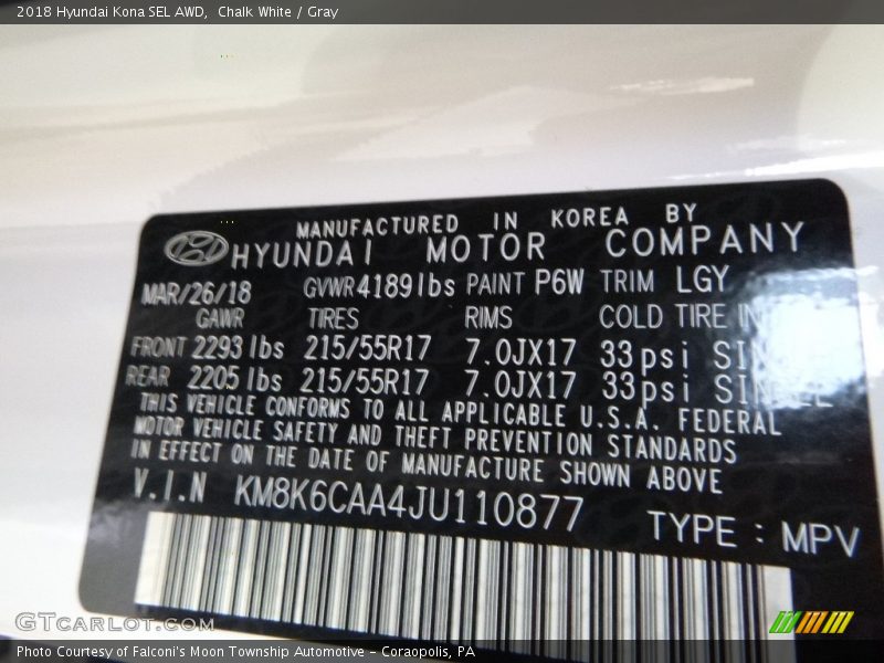 Chalk White / Gray 2018 Hyundai Kona SEL AWD