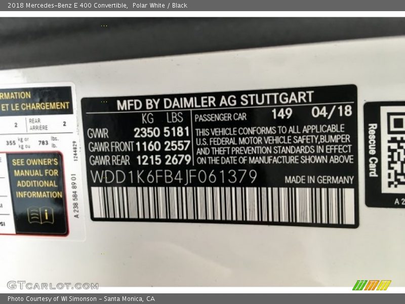 Polar White / Black 2018 Mercedes-Benz E 400 Convertible