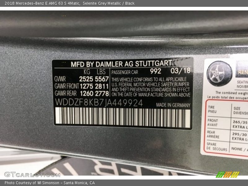 2018 E AMG 63 S 4Matic Selenite Grey Metallic Color Code 992