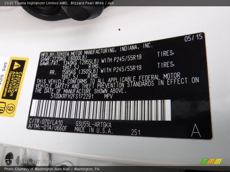 Blizzard Pearl White / Ash 2015 Toyota Highlander Limited AWD