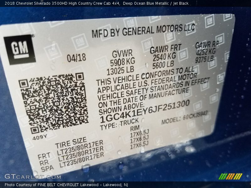 Deep Ocean Blue Metallic / Jet Black 2018 Chevrolet Silverado 3500HD High Country Crew Cab 4x4