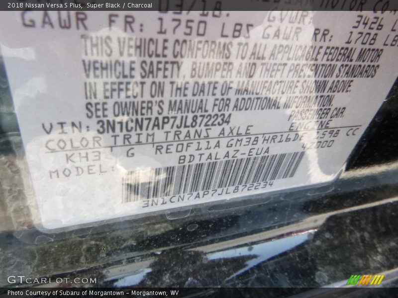 Super Black / Charcoal 2018 Nissan Versa S Plus