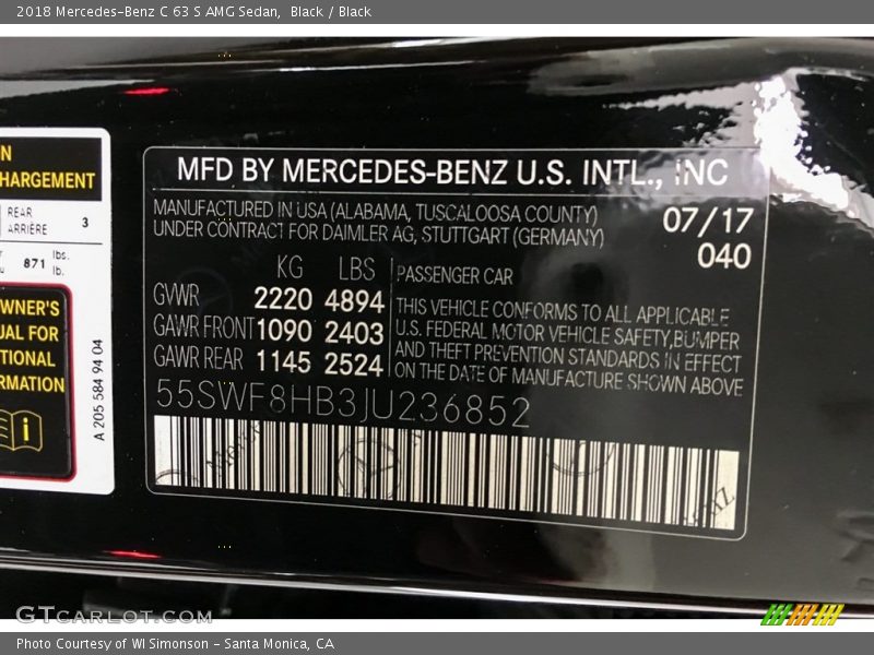 2018 C 63 S AMG Sedan Black Color Code 040