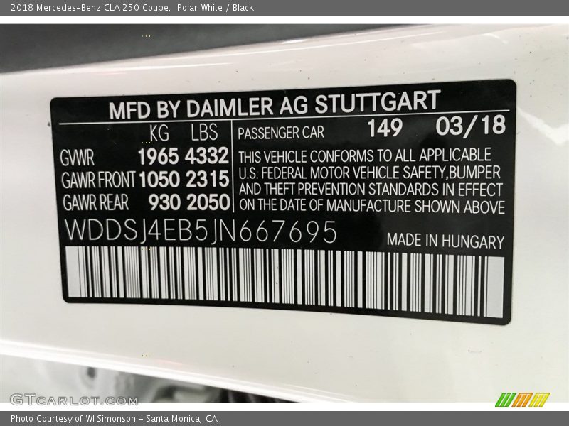 Polar White / Black 2018 Mercedes-Benz CLA 250 Coupe