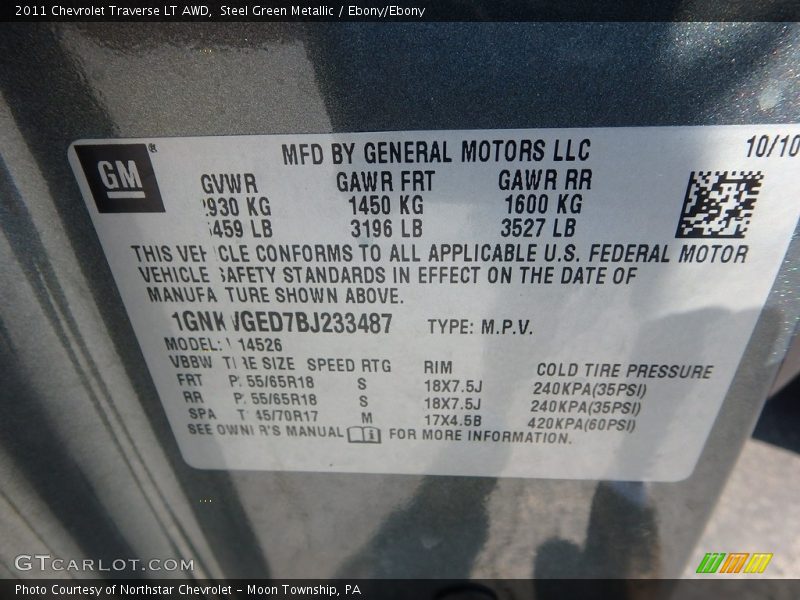 Steel Green Metallic / Ebony/Ebony 2011 Chevrolet Traverse LT AWD