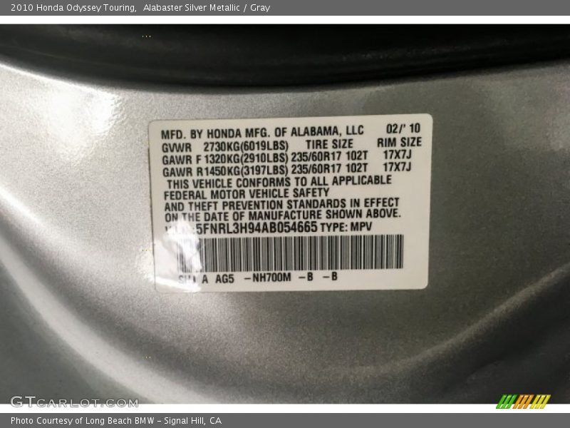 Alabaster Silver Metallic / Gray 2010 Honda Odyssey Touring