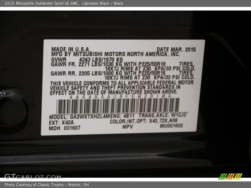 Labrador Black / Black 2015 Mitsubishi Outlander Sport SE AWC