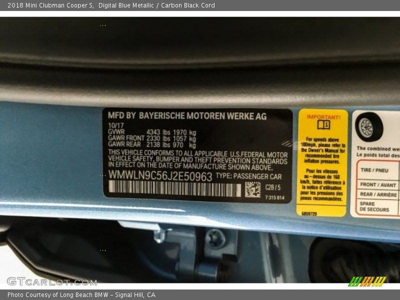 2018 Clubman Cooper S Digital Blue Metallic Color Code C2B