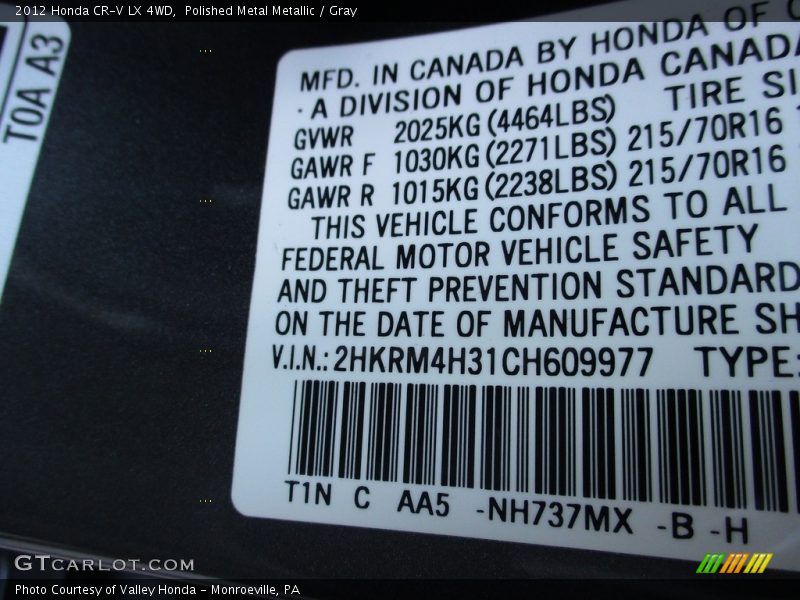 Polished Metal Metallic / Gray 2012 Honda CR-V LX 4WD