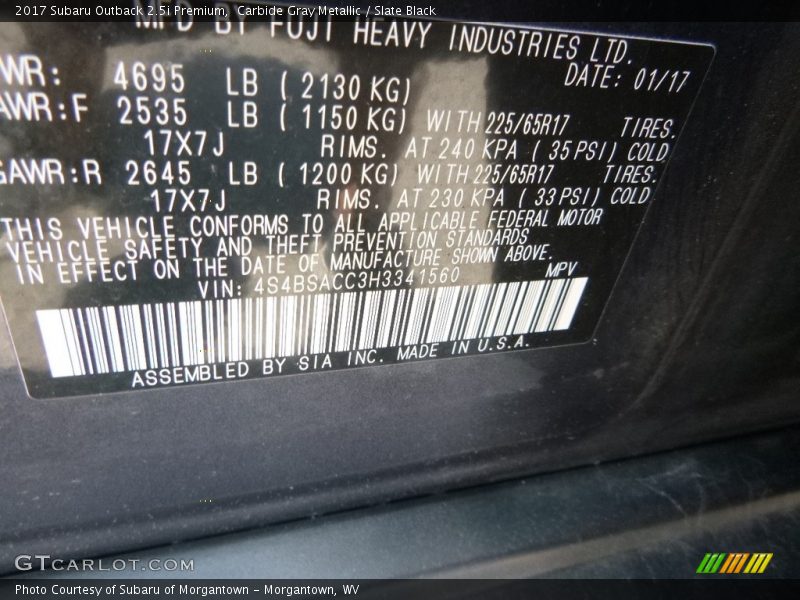 Carbide Gray Metallic / Slate Black 2017 Subaru Outback 2.5i Premium