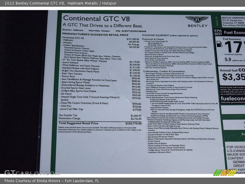  2013 Continental GTC V8  Window Sticker