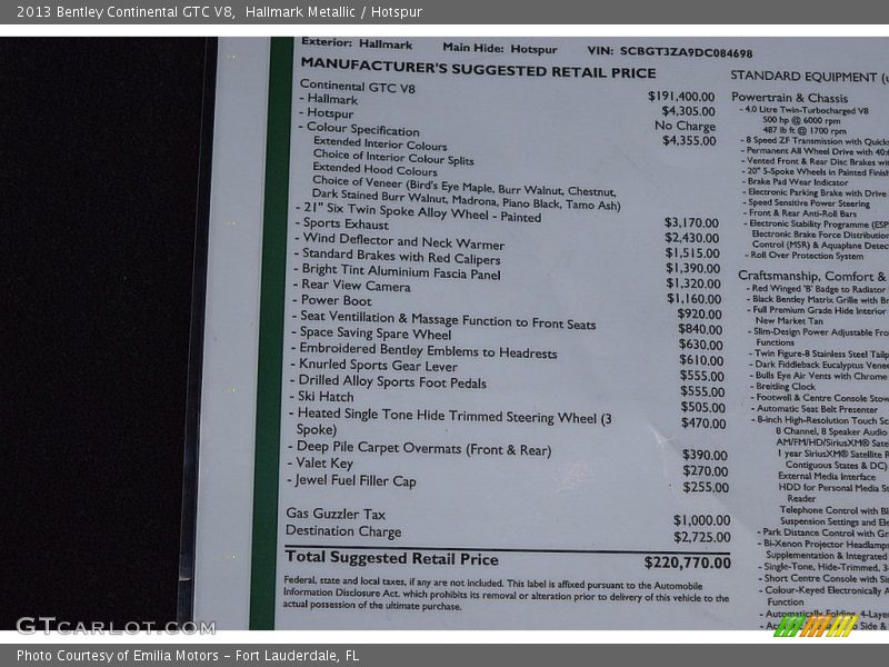  2013 Continental GTC V8  Window Sticker