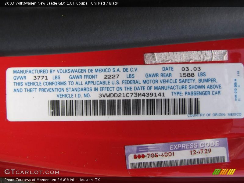 Uni Red / Black 2003 Volkswagen New Beetle GLX 1.8T Coupe