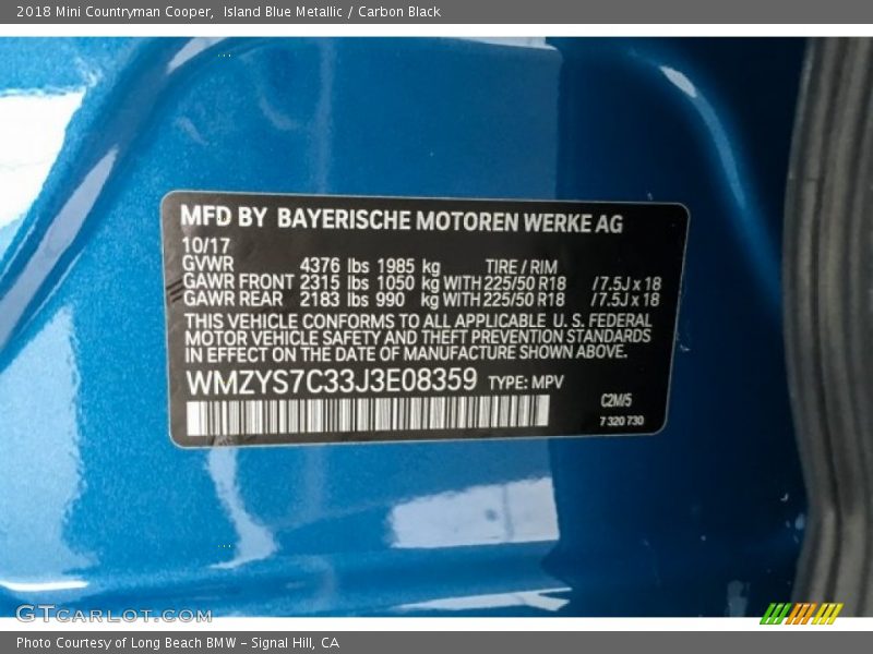 Island Blue Metallic / Carbon Black 2018 Mini Countryman Cooper