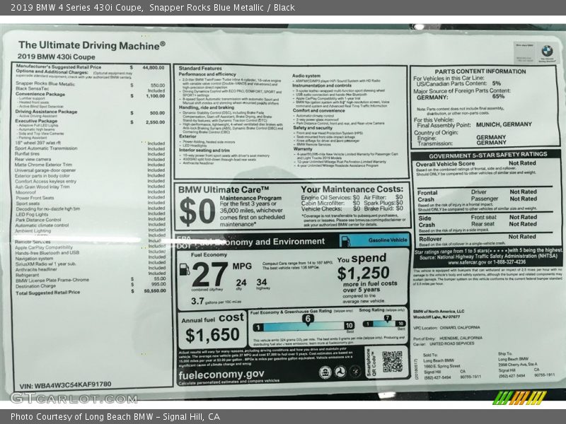  2019 4 Series 430i Coupe Window Sticker
