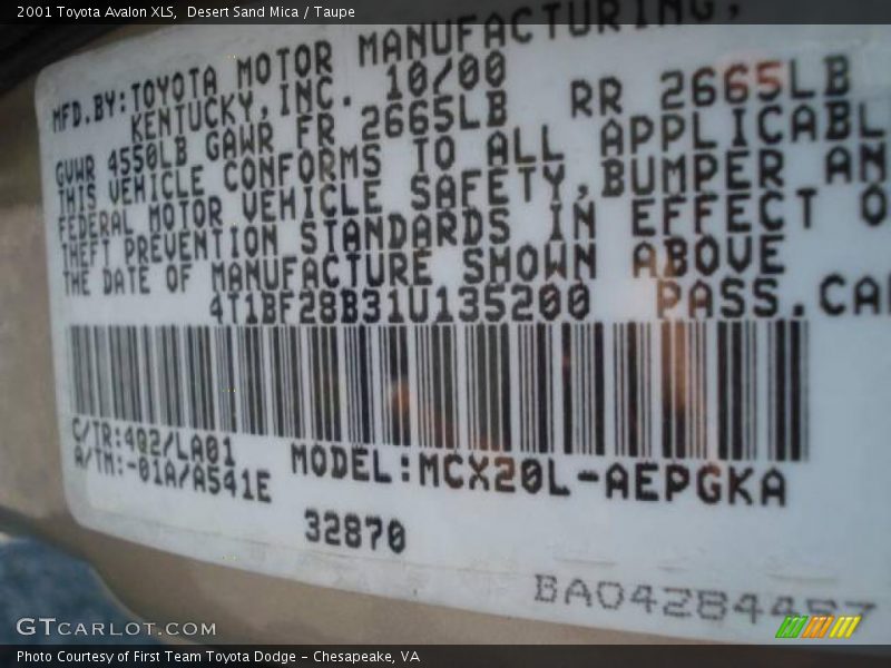 Desert Sand Mica / Taupe 2001 Toyota Avalon XLS