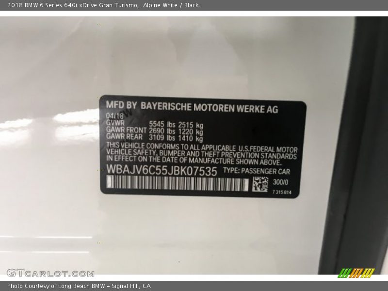 Alpine White / Black 2018 BMW 6 Series 640i xDrive Gran Turismo