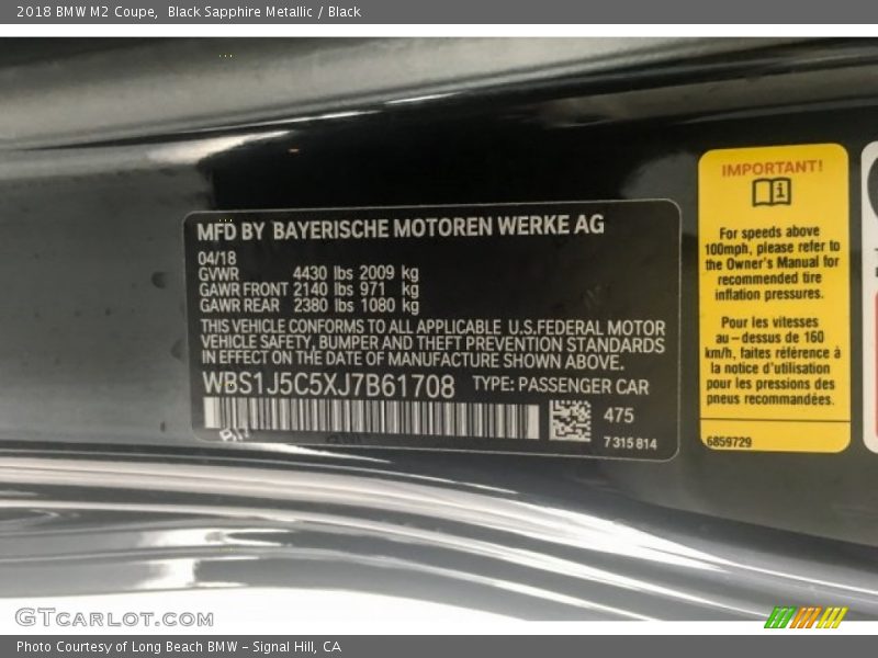 2018 M2 Coupe Black Sapphire Metallic Color Code 475